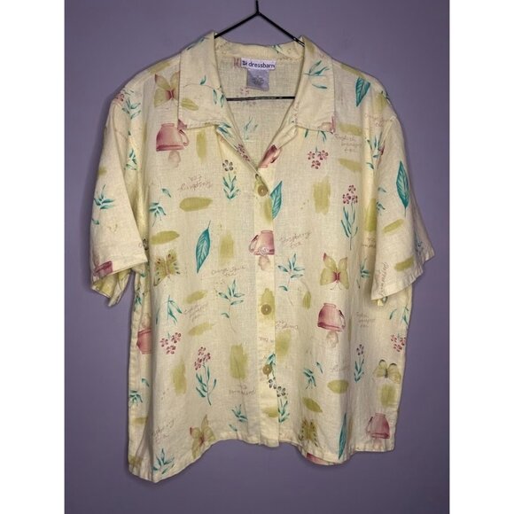 Dress Barn Womens Size L Linen Button Down Short Sleeve Shirt Gardening Plants - Picture 1 of 5